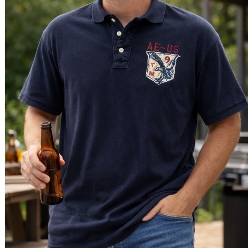 American Eagle Outfitters Polo‎ Shirt Mens XL Navy AE-US Eagle Logo Athletic Fit